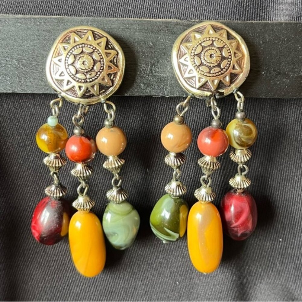 Sun Starburst Dangle Beaded Clip On Earrings
